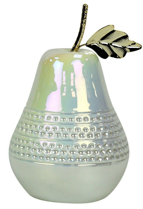 19cm Decorative Fruit Pear White & High Gloss Dolomite LED Light & Gold Leaf