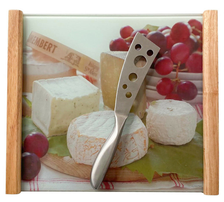 Glass Serving Tray With Wooden Handles Cheese & Grapes Design Presentation Board