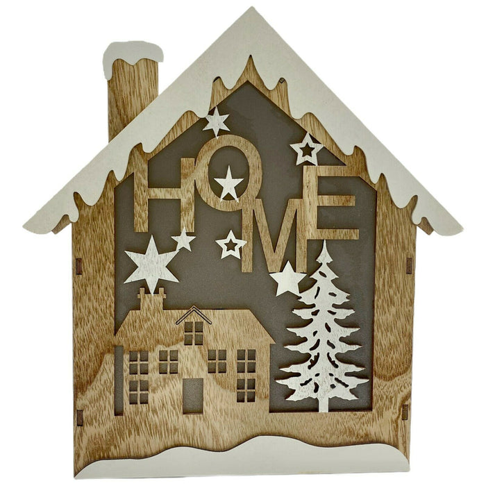 LED Wooden Christmas House Light Up Snowy Home Ornament Festive Window Display