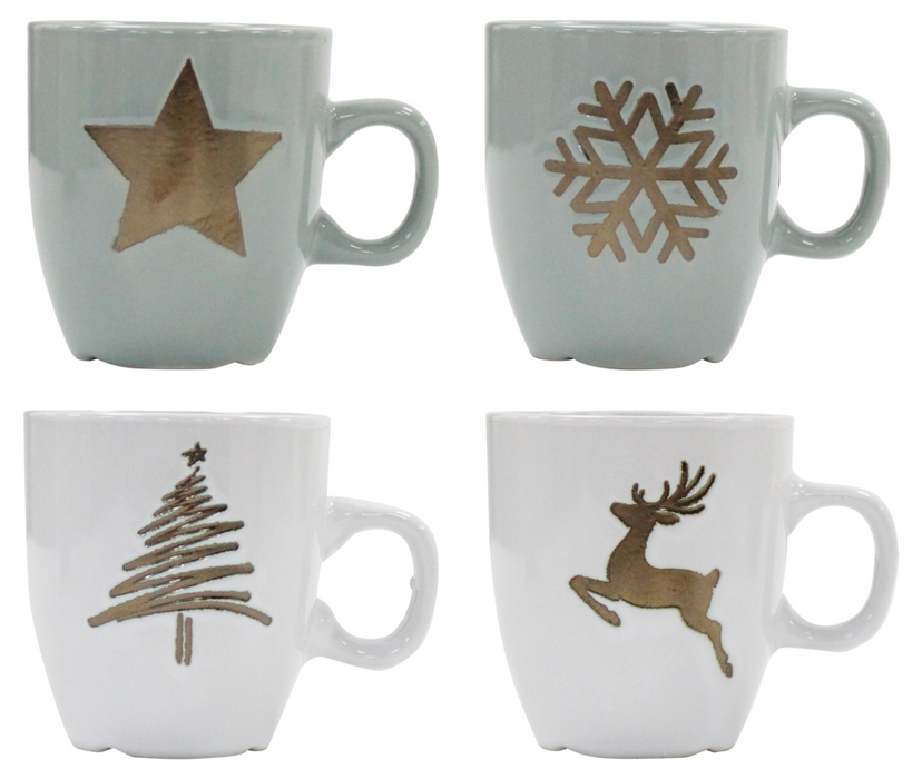 Christmas Design Mugs - 2 Piece Mug Set - Star, Reindeer, Snowflake, Tree