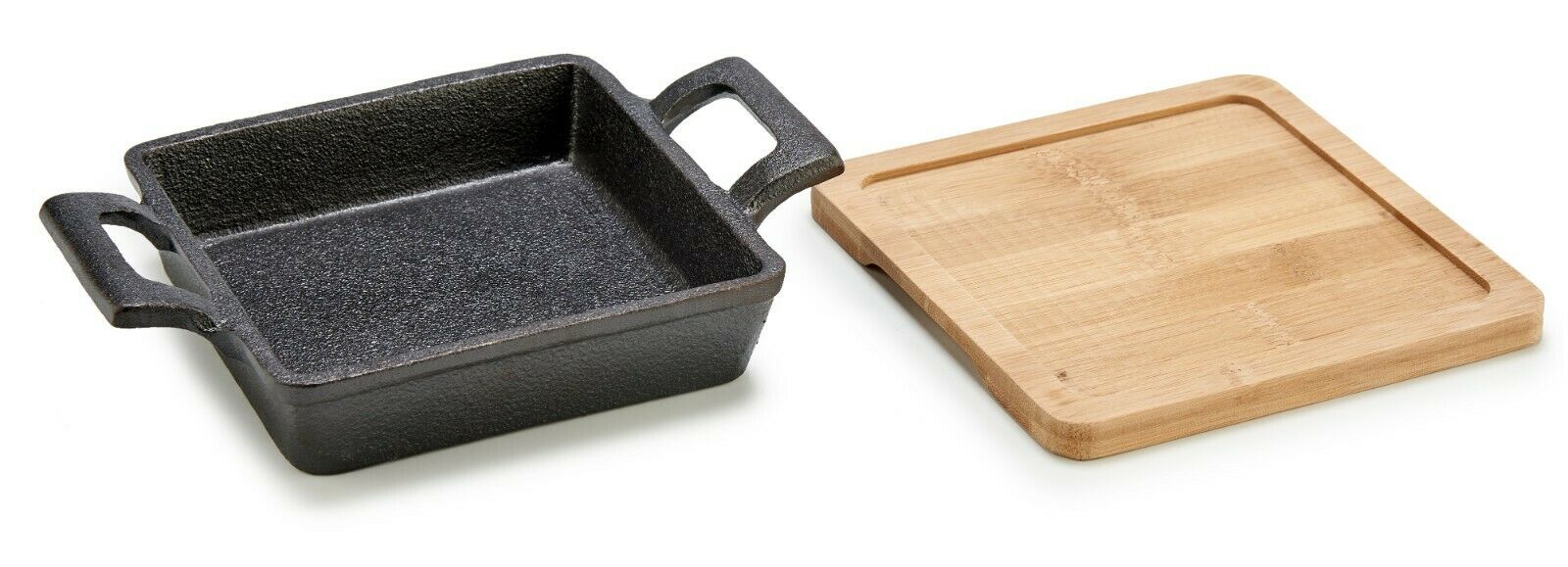 Cast Iron Pan With Bamboo Tray Trivet Square Frying Pan Serving Dish With Handle