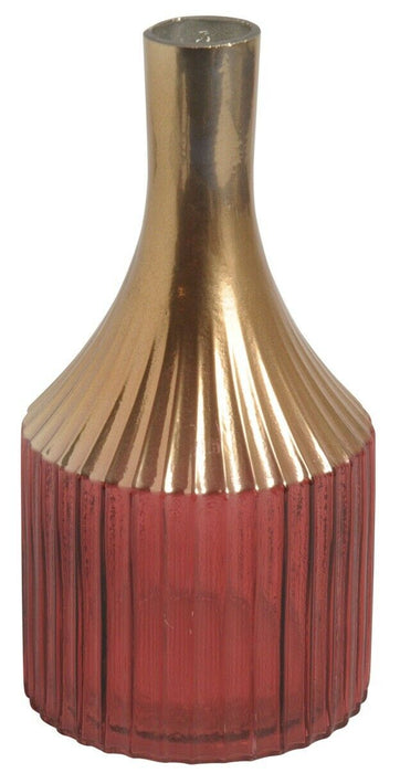 26cm Tall Bottle Vase Rippled Glass Bottle Flower Vase & Long Gold Bronze Neck