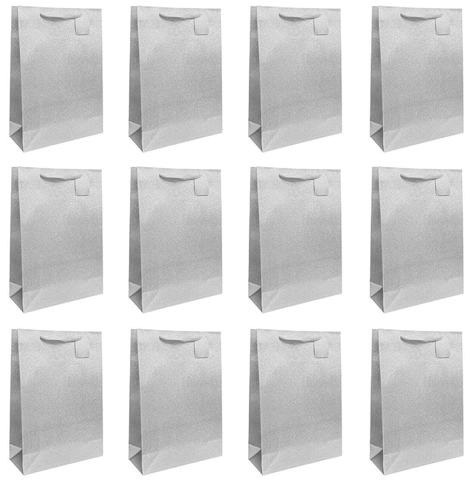 12x Silver Glitter Christmas Bags For Presents Xmas Party Present Bag