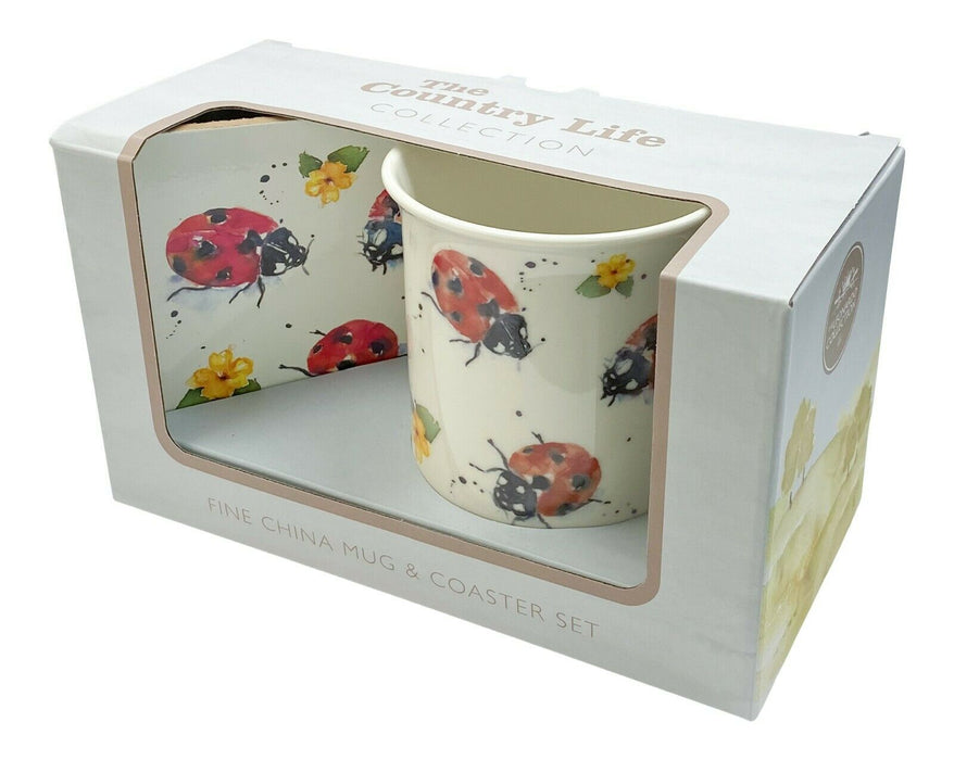 Set Of 4 Leonardo Fine China Large Mug & Coaster Gift Set Country Ladybird Theme