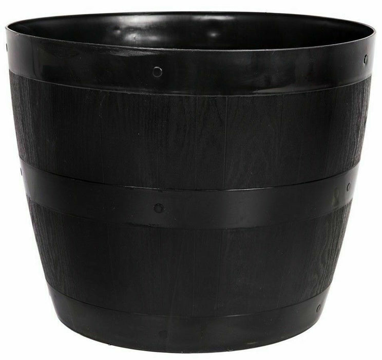 Rammento Large 30L Plastic Barrel Planter, Black 34cm Wood-Effect Garden Bucket