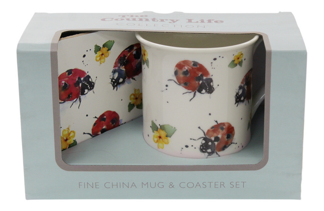 Set Of 4 Leonardo Fine China Large Mug & Coaster Gift Set Country Ladybird Theme