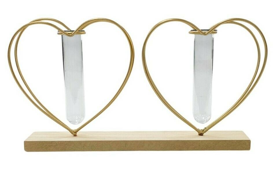 Double Heart Test Tube Vase Gold Metal Love Heart Wedding Flower Centrepiece