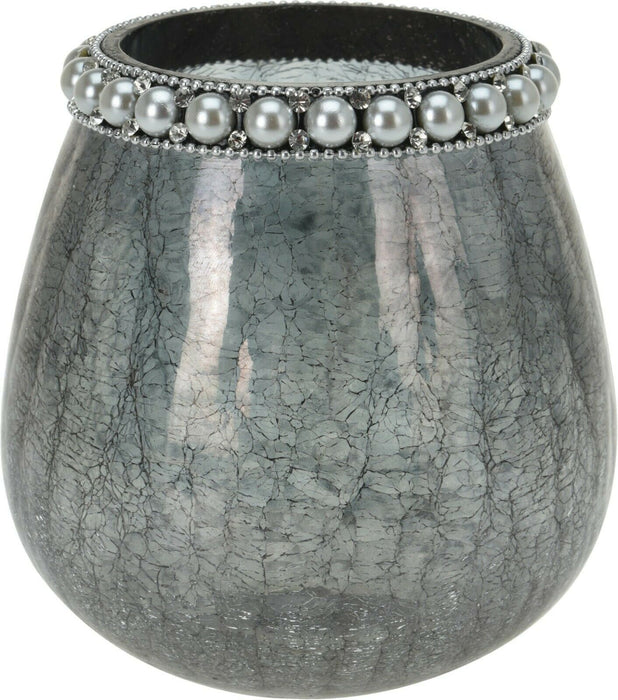 Grey Crackled Glass Vase Pearl Rim Decorative Ornament Charcoal Tea Light Holder