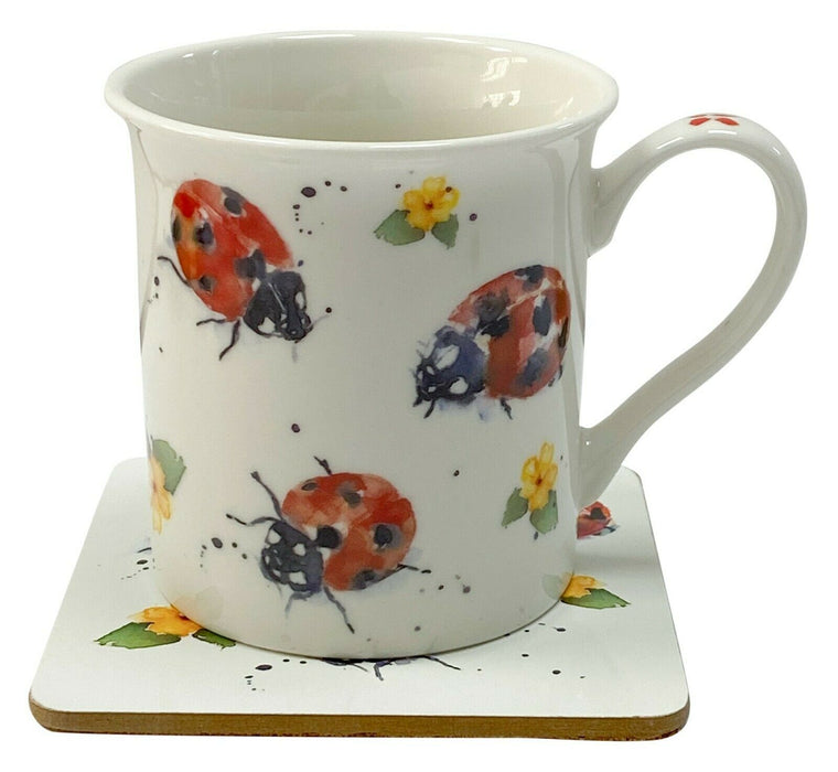 Set Of 4 Leonardo Fine China Large Mug & Coaster Gift Set Country Ladybird Theme
