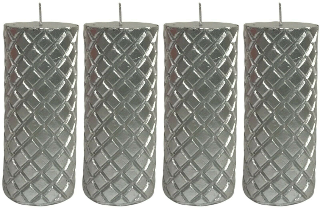 Set of 4 Silver Pilar Candles 45 Hr Cylinder Diamond Design Wax Candle Xmas Gift