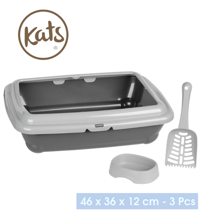 Cat Litter Tray With Scoop And Feeding Bowl Large Cats & Kittens With Rim 2 Tone