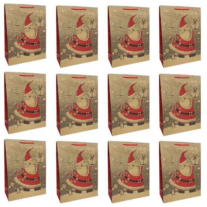 12 x Christmas Large Gift Bags For Xmas Gifts Presents Santa In Snow Red