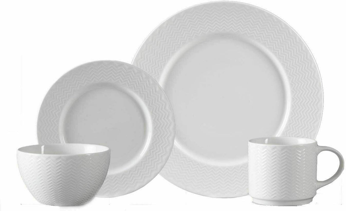 16 Piece Ceramic Dinner Set White Plates Bowls Mugs Rippled Dinnerware Set