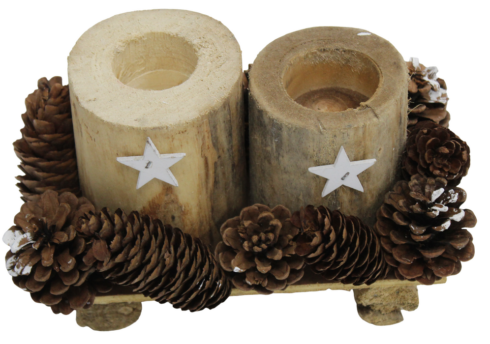 Large Candle Holder Real Wood With Christmas Snow Tipped Pine Cones Handmade