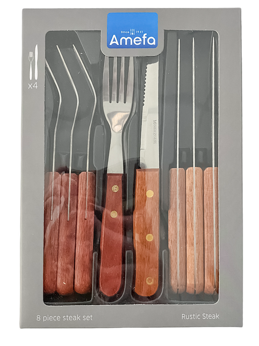 8 Piece Steak Knife & Fork Cutlery Set Acacia Wood Handles Serrated Steak Knives