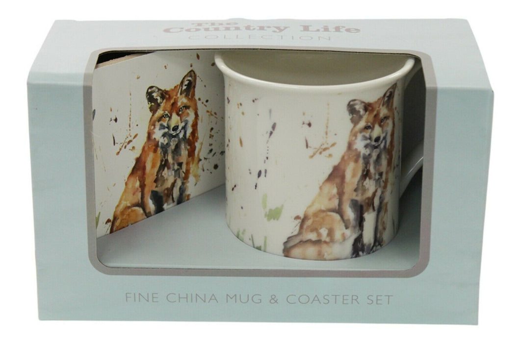 Set Of 4 Leonardo Fine China Large Mugs & Coaster Gift Set Country Fox Theme