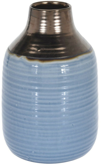 Large Ceramic Bottle Shaped Tall Flower Vase 27cm Tall Blue & Gold Wide Mouth