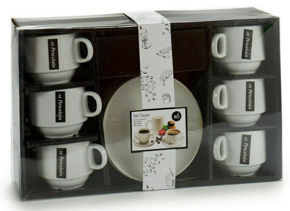 Set of 6 White Round Porcelain Cups & Saucer Set Coffee & Tea Mugs 200ml
