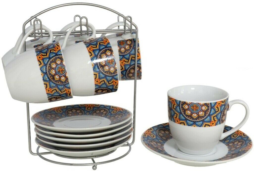 Tea Mug & Plate Set With Stand 6 Coffee Mugs & 6 Saucers 12 Piece Dinner Set