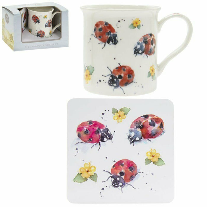 Set Of 4 Leonardo Fine China Large Mug & Coaster Gift Set Country Ladybird Theme