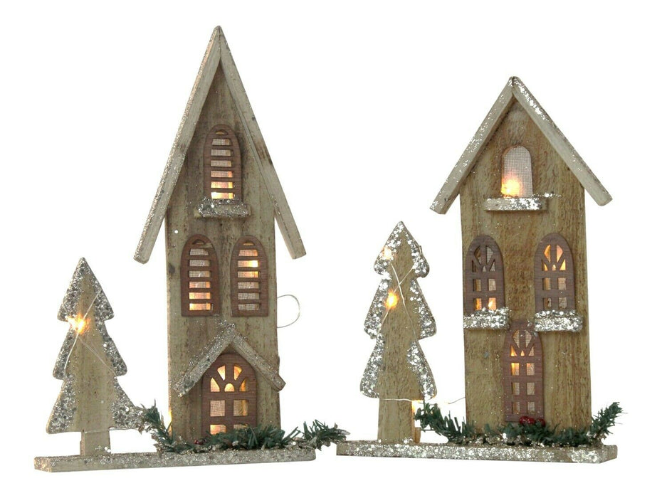 Wooden Christmas Decoration - House LED Lights Traditional Glittery Ornament