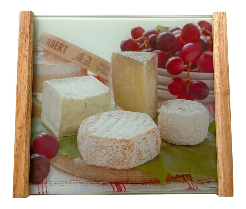 Glass Serving Tray With Wooden Handles Cheese & Grapes Design Presentation Board