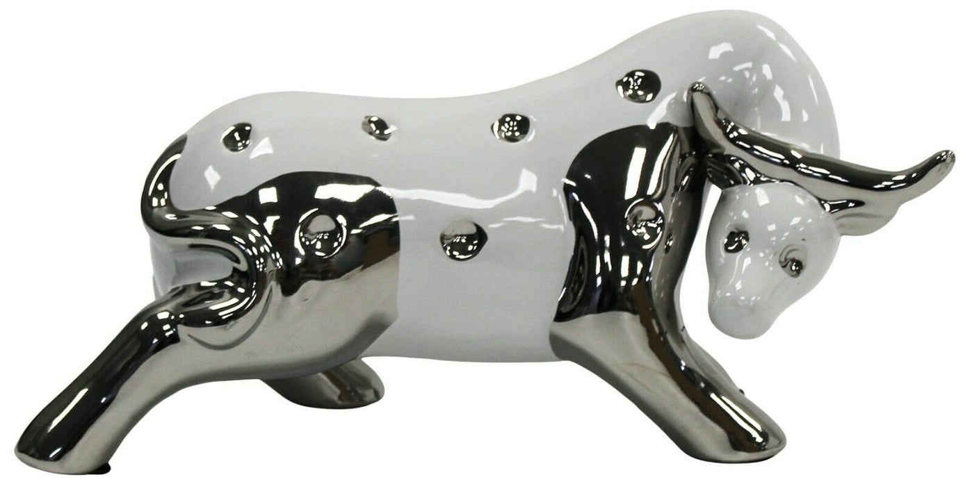 White & Silver Spotted Large 30cm Bull / Cow / Ox Ornament Figurine Porcelain