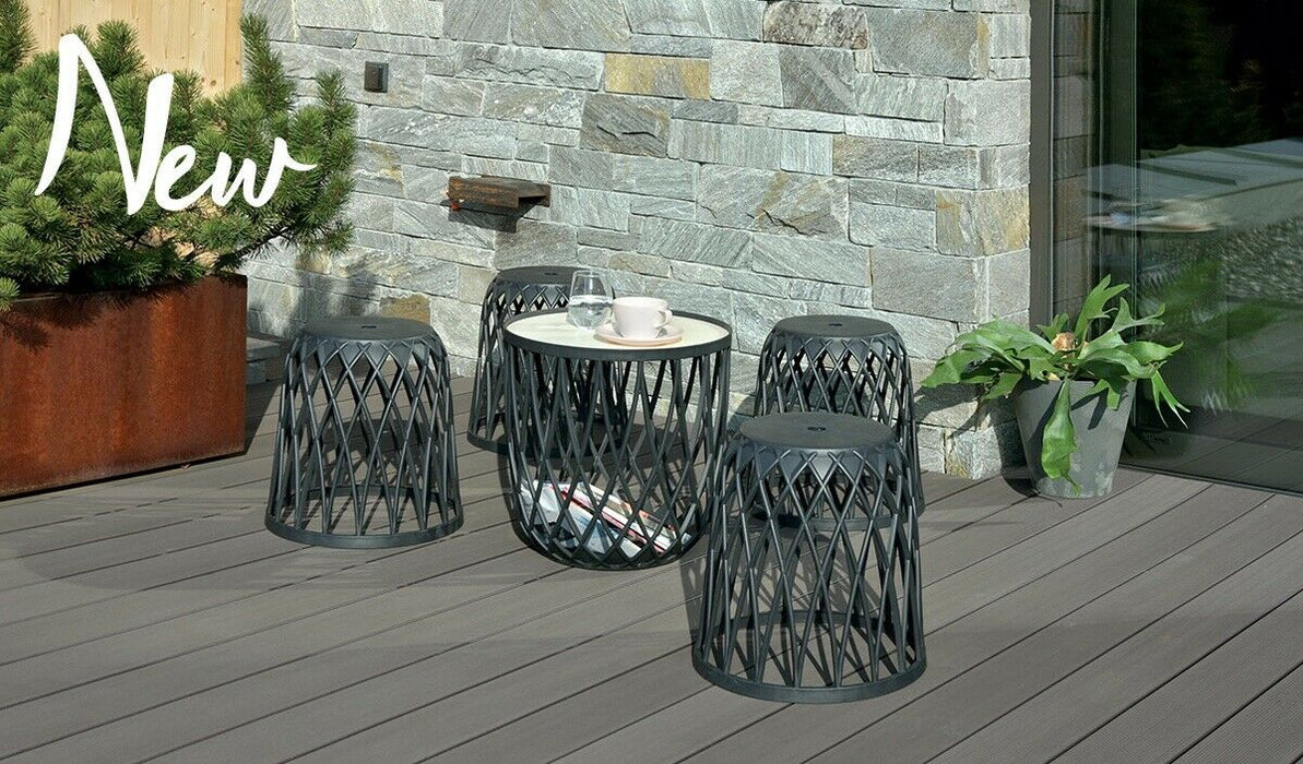 Multifunction Storage / Planter Set, 4 Stools & 1 Table | Grey Plastic Baskets