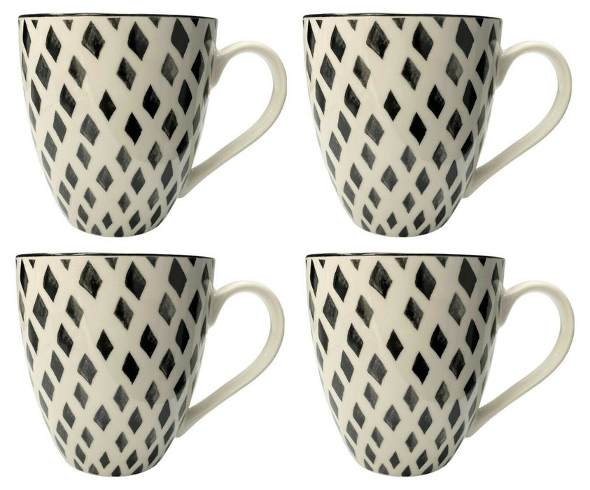 Set of 4 Jumbo Porcelain Mugs Black & White Diamond Design Coffee Soup Cup 560ml
