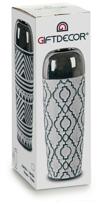 30cm Tall Round Ceramic White & Silver Decorative Flower Vase Ethnic Design