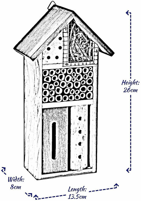 Insect Hotel Bee Bug House 26cm Hotel Wood Roof Attract Insects & Bees To Garden