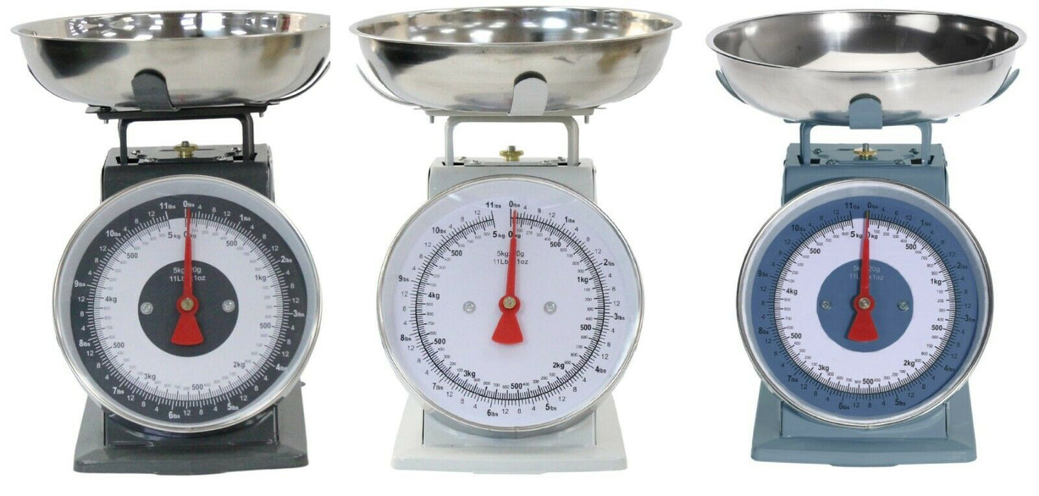 Traditional Mechanical Kitchen Scales 5kg Blue Grey Beige Stainless Steel Bowl