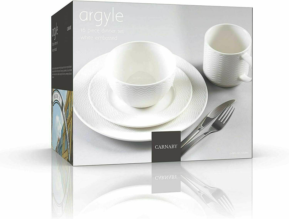 16 Piece Ceramic Dinner Set White Plates Bowls Mugs Rippled Dinnerware Set