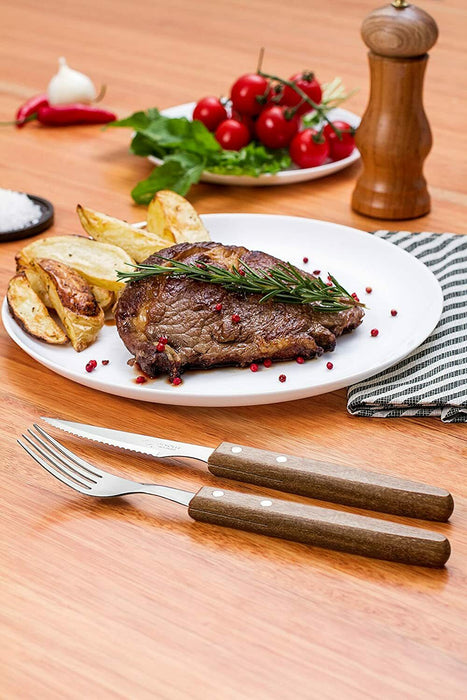 8 Piece Steak Knife & Fork Cutlery Set Acacia Wood Handles Serrated Steak Knives