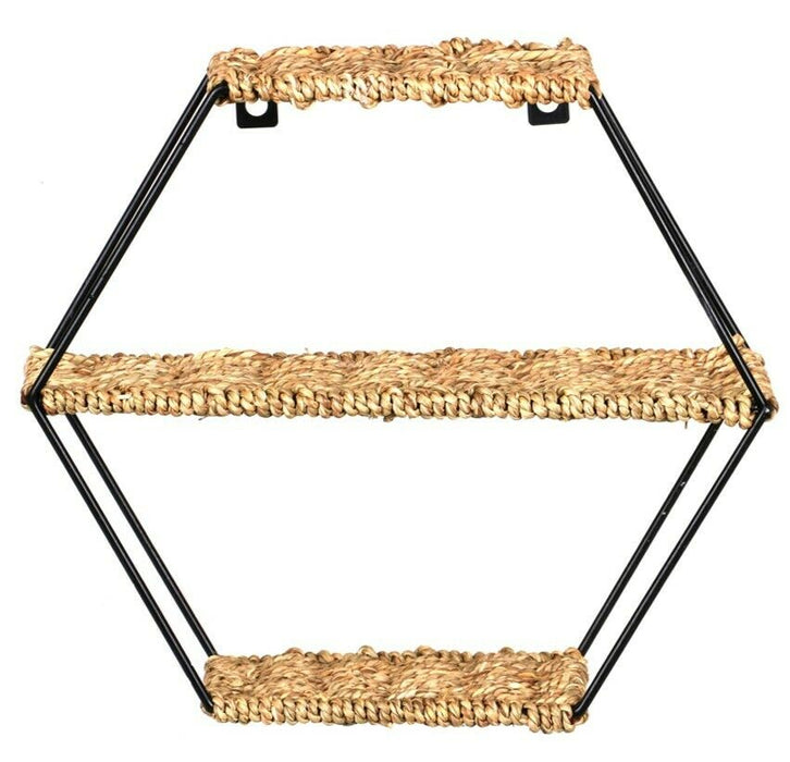 Hanging Wall Shelf - Rustic Octagon Floating Shelves Woven Rope 3 Tier Display
