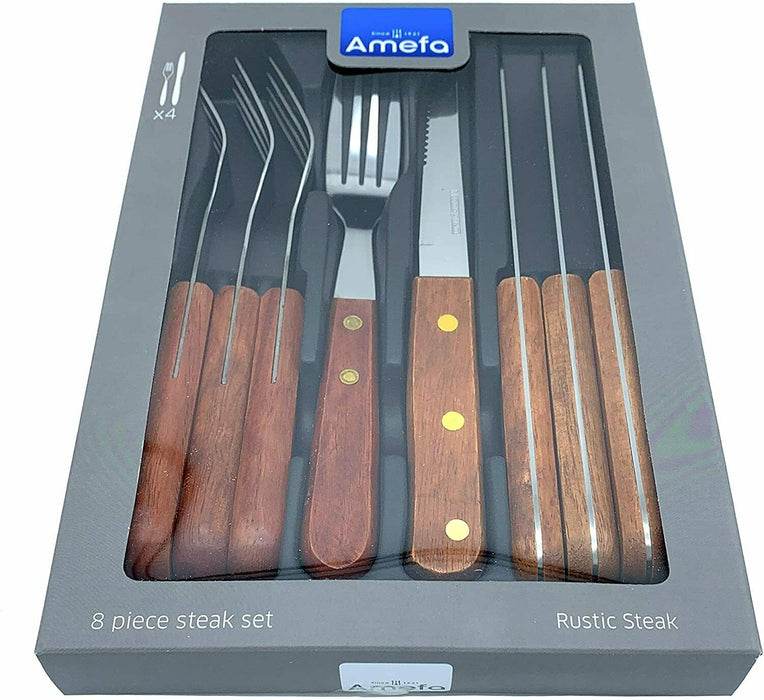 8 Piece Steak Knife & Fork Cutlery Set Acacia Wood Handles Serrated Steak Knives