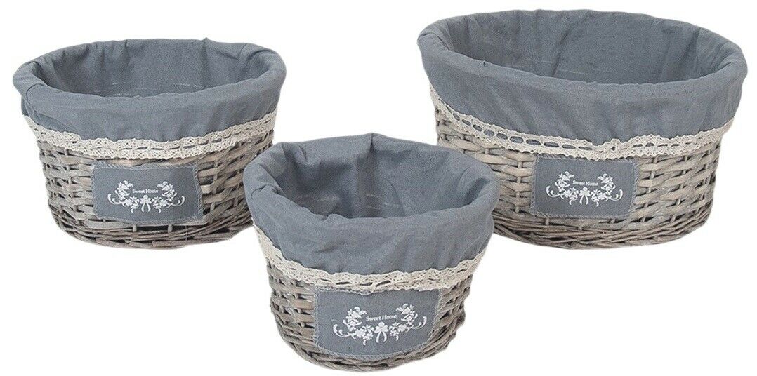 Set Of 3 Rattan Woven Willow Wicker Lined Baskets 36cm Large Round Hamper Set