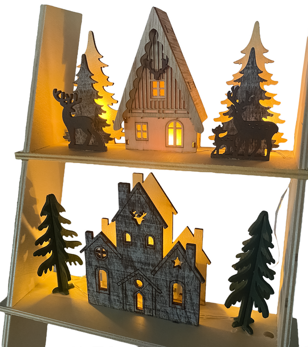 Wooden Light-Up Christmas Ladder, Illuminated Village Houses 6x Warm White LEDs