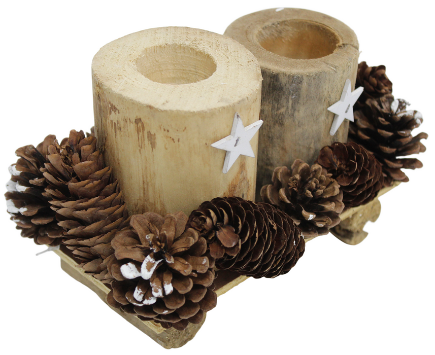 Large Candle Holder Real Wood With Christmas Snow Tipped Pine Cones Handmade