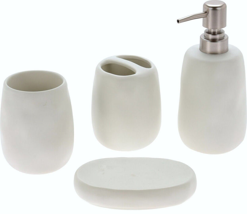 Stoneware Bathroom Set Soap Dispenser Tooth Brush Holder Cup Soap Tray White
