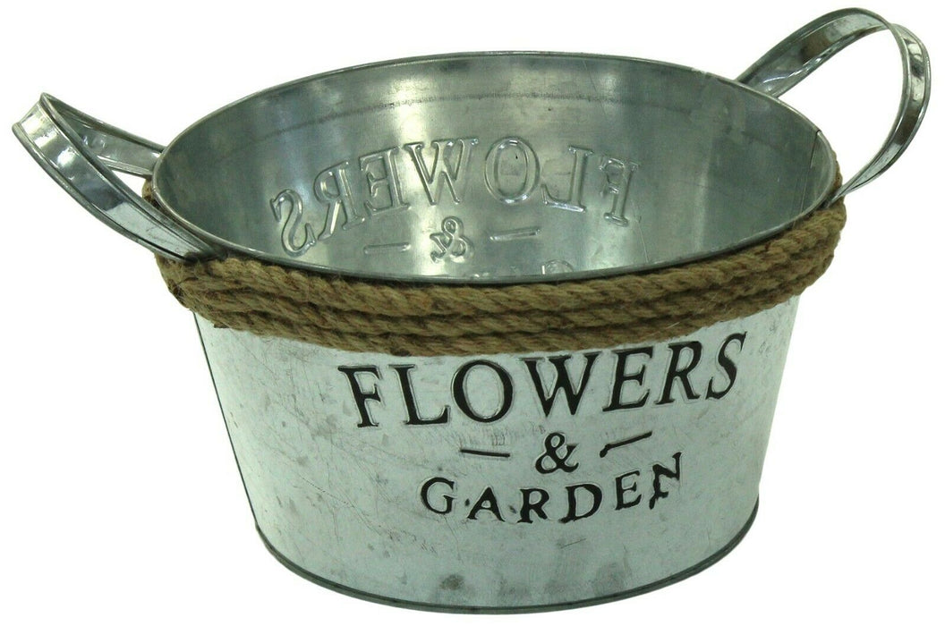 30cm Zinc Silver Round Planter Plant Pot Barrell Planter With Handles Vintage