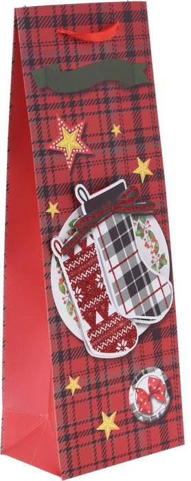 Set Of 6 Wine Bags 3D Red Tartan Christmas Gift Wine Bag Ribbon & Glitter