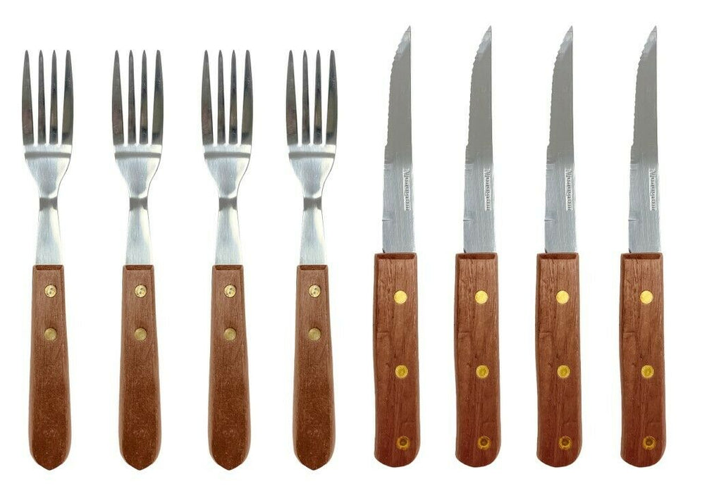 8 Piece Steak Knife & Fork Cutlery Set Acacia Wood Handles Serrated Steak Knives