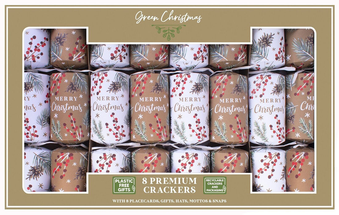 RSW Pack of 8 Eco-Friendly Luxury Christmas Crackers, Brown & White 12.5” (32cm)