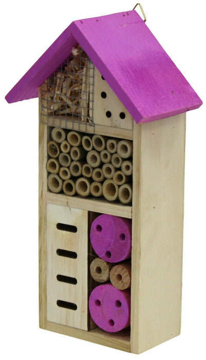 Wooden Insect Bee House Hotel Wood Roof Attract Insects & Bees To Garden Purple