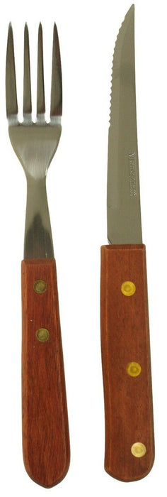 Acacia Wood Handle Set Of 8 Steak Knives & Forks Wooden Handles Serrated