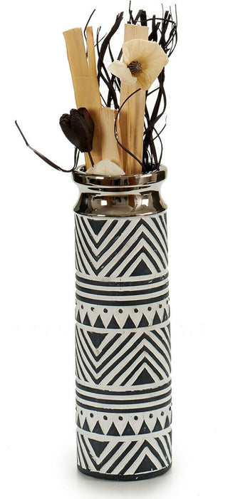 30cm Tall Round Ceramic White & Silver Decorative Flower Vase Geometric Design