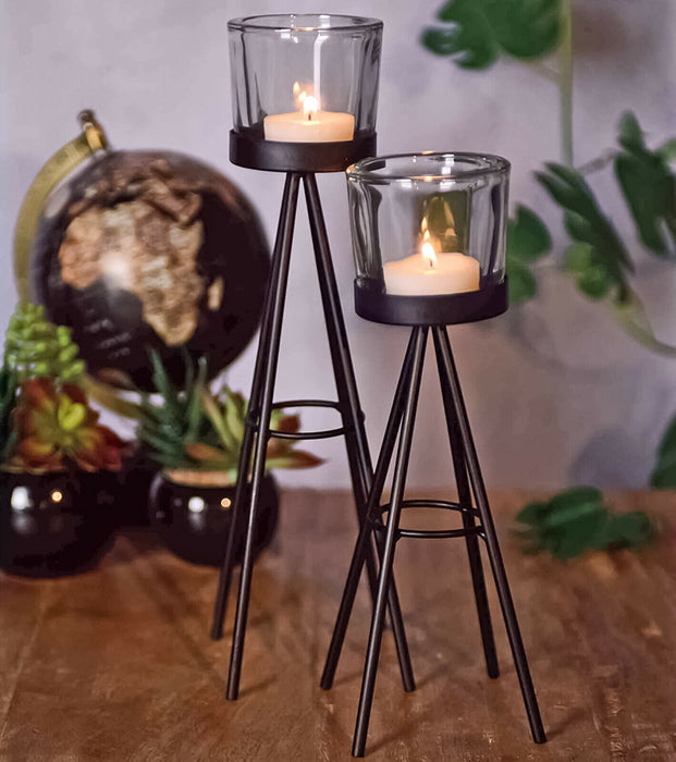 Set Of 2 Tealight Candle Sticks Black Metal Tripod Stand Candle Holder Display