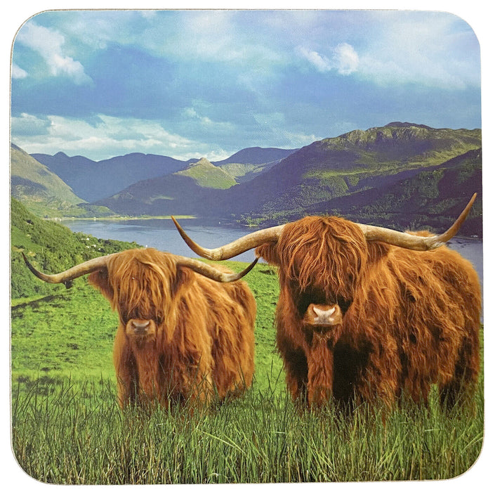 Set Of 4 Cork Back Coasters Highland Cow Design Non Slip Square Table Coasters