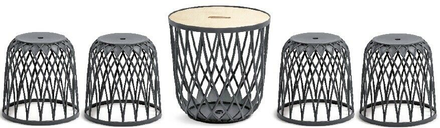 Multifunction Storage / Planter Set, 4 Stools & 1 Table | Grey Plastic Baskets